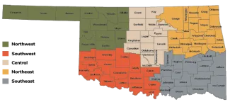 A map of Oklahoma counties divided into 5 private landowner assistance districts.