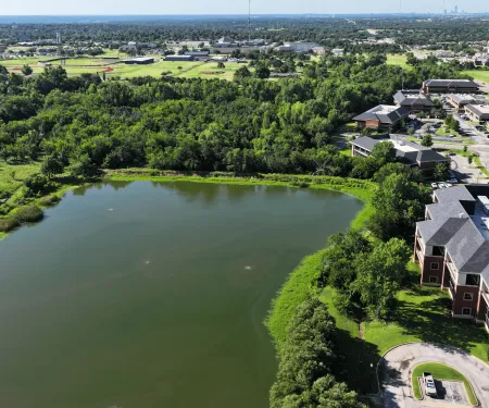 A drone shot of the Bickham-Rudkin park pond showing the fish attractors.