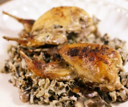 An image of quail and wild rice casserole on a plate.