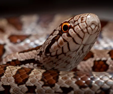 A brown and tan blotched snake is curled with its head pointing above the coil.