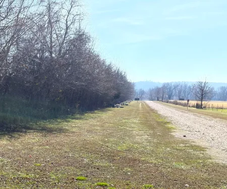 Gravel road alongside the Upper Illinois River at the Stunkard public access fishing area, bordered by trees and open fields. A row of picnic tables lines the grassy area near the treeline under a clear blue sky.