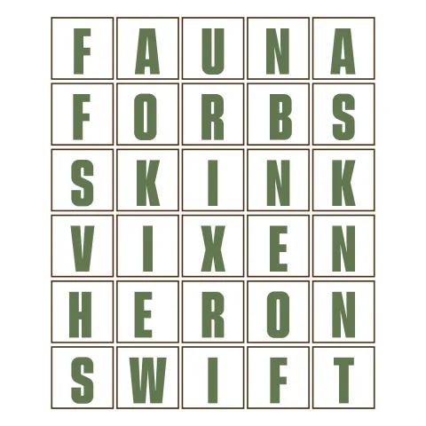 A hypothetical Wordle board with six five-letter wildlife-related words.