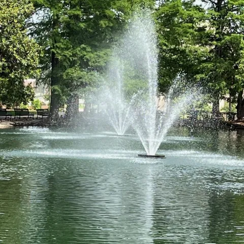 Two aerators spewing water in a small pond. 