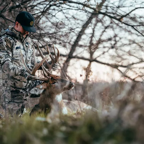 A bowhunter inspects the antlers of his harvested buck.