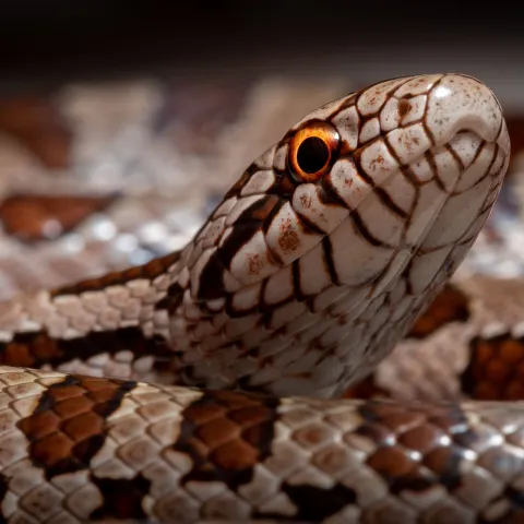 A brown and tan blotched snake is curled with its head pointing above the coil.