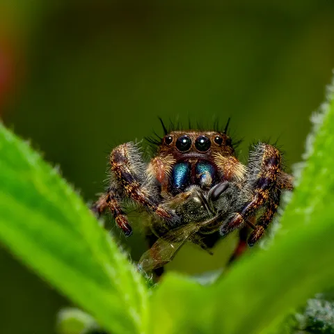 A brown and black spider perches between two green leaves with an insect held between its front legs. 