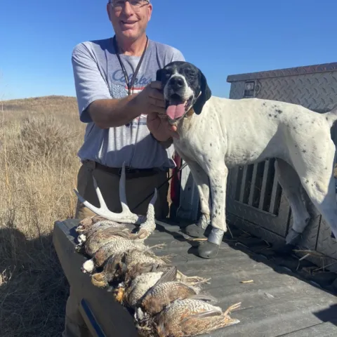 Hunter and dog with quail.