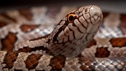 A brown and tan blotched snake is curled with its head pointing above the coil.