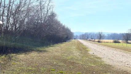 Gravel road alongside the Upper Illinois River at the Stunkard public access fishing area, bordered by trees and open fields. A row of picnic tables lines the grassy area near the treeline under a clear blue sky.
