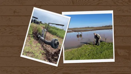 A collage of two photos over a brown wood graphic. The photos show McCurtain County farmer John Sanders has been selected as the 2025 Landowner Conservationist of the Year by the Oklahoma Department of Wildlife Conservation. 