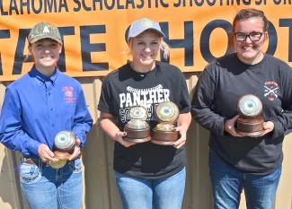 Top senior female shooters are Erin Waldrop of Altus, second runner-up; Shelby Skaggs of Pond Creek-Hunter, champion senior female and top overall senior shooter; and McKinzie Jones of Sequoyah, first runner-up.