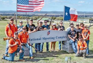 Members of the Oklahoma State University Shotgun Sports Club gather while attending championship events at the National Shooting Complex in San Antonio. (COURTESY CODY SUTTON)