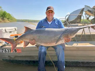 Larry Morphew of Yale snagged this paddlefish in the Arkansas River above Lake Keystone on April 29, 2018. The Oklahoma Department of Wildlife Conservation has certified it as the new rod-and-reel state record at 132 pounds, 8 ounces.