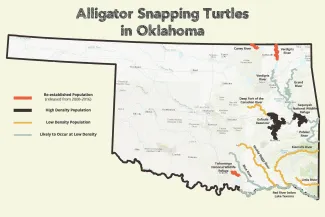 Alligator snapping turtles in Oklahoma map.