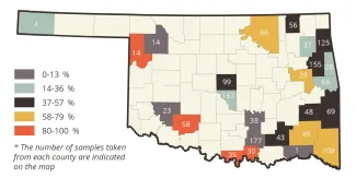 Chytrid Fungus (Bd+) Prevalence, Oklahoma Counties Map