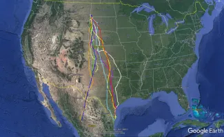 Map showing migration of nine tracked long-billed curlews.