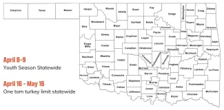 A map of Oklahoma counties with Spring turkey hunting season dates
