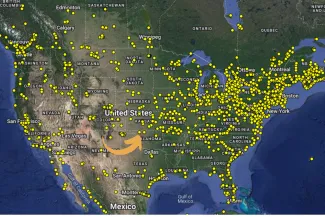A map showing the Motus Wildlife Tracking System network with an arrow pointing to the Selman Living Laboratory.