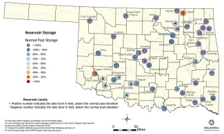 A map of Oklahoma reservoir levels as of January 8, 2024.