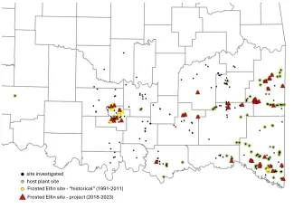 A map depicting southeastern Oklahoma and the location of survey sites for frosted elfin butterflies. 