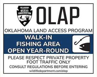 OLAP walk in fishing area open year round sign.