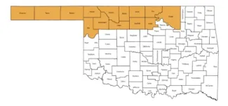 A map of Oklahoma highlighting counties with ring-necked pheasants in yellow.