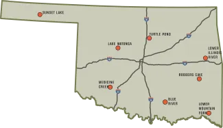 A map of Oklahoma showing the locations of trout fishing areas.