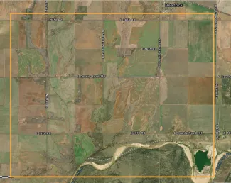 An aerial map showing a three-mile by three-mile survey block dominated by agland.