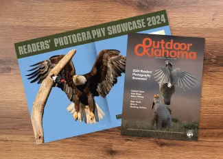 A cover and spread of the 2024 Reader's Photography Showcase for the Outdoor Oklahoma Magazine are shown over a wood background.