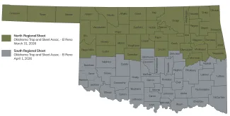 A map showing Oklahoma counties. Those in the northern half are green, those on the southern half are grey.