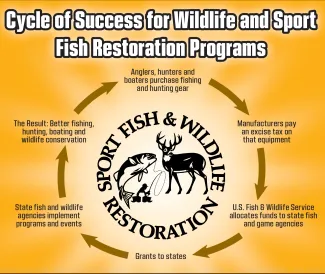 A graphic depicting the Cyle of Success for Wildlife and Sport Fish Restoration Programs. Anglers, hunters and boaters purchase fishing and hunting gear. Then manufacturers pay an excise tax on that equipment. Then the U.S. Fish & Wildlife Service allocates funds to state fish and game agencies. The the Grants go to states. The state fish and wildlife agencies implement programs and events. The result: Better fishing, hunting, boating and wildlife conservation.