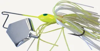 A green and white buzzbait. 