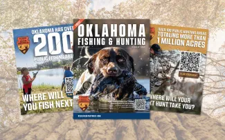 The cover of the 2026-2027 Oklahoma Fishing and Hunting Regulations, two inside pages and an oak background.