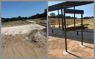 Shows the progress made at the Copan WMA Shooting Range. The concrete walkways are healfway complete. The Shooting benches and cover are complete.