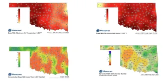 Four maps of Oklahoma showing number of days temperatures have been above 90 degrees and heat indices have been above 100 as well as rainfall information