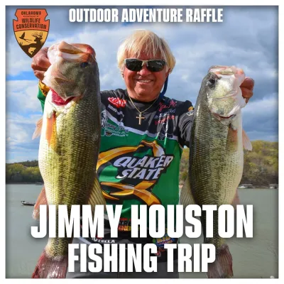 An image showing Jimmy Houston holding his catch. The text reads, "Outdoor Adventure Raffle. Jimmy Houston fishing trip".