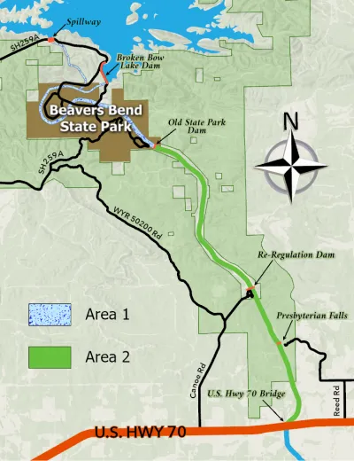 A map of the Lower Mountain Fork trout fishing area in Oklahoma.