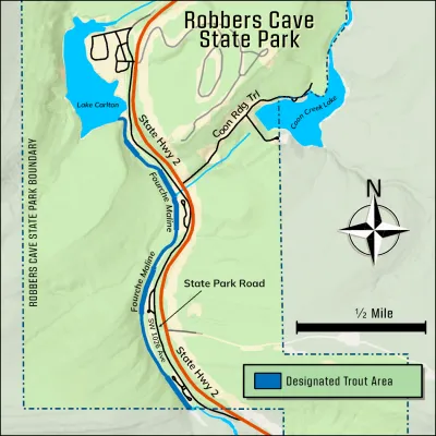 A map of the Robber's Cave trout fishing area in Oklahoma.