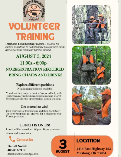 A flyer for volunteer training for the Oklahoma Youth Hunting Program.