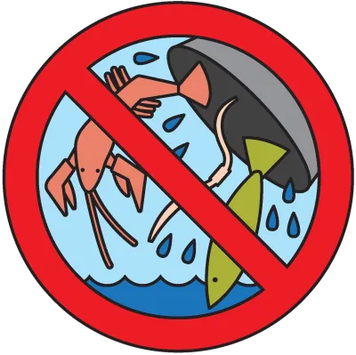 A graphic of a bucket that contains a lobster, a fish and a worm is being dumped into water. There is a red "do-not" symbol over the bucket and animals, as in "do not dump bait and non-native species into our lakes and rivers."